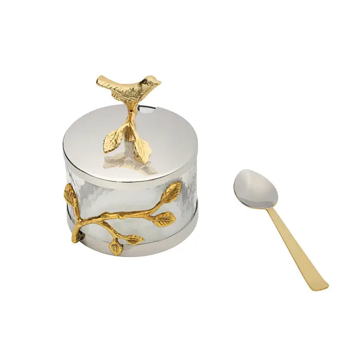 Gold & Silver Bird Design Canister with Spoon