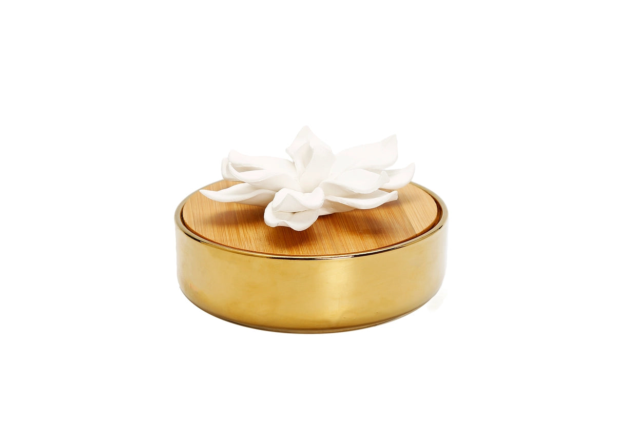 Gold Round Diffuser with Wood Grain Lid and White Flower/Lily of the Valley Aroma