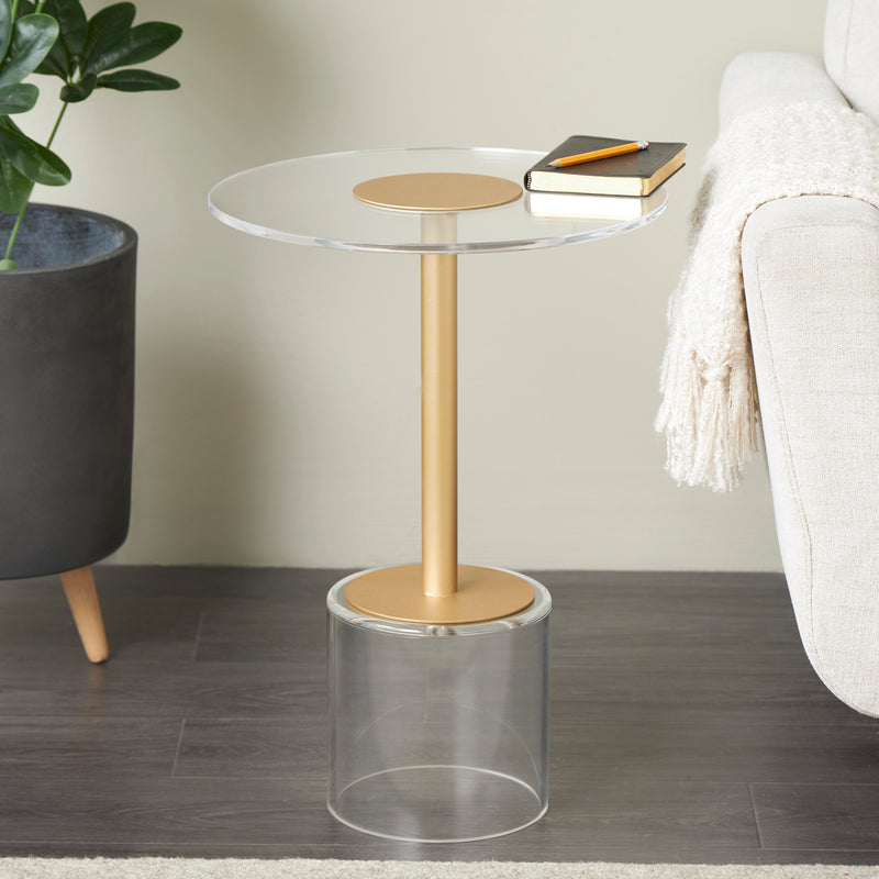 Clear Acrylic Accent Table with Elevated Base and Gold Stand