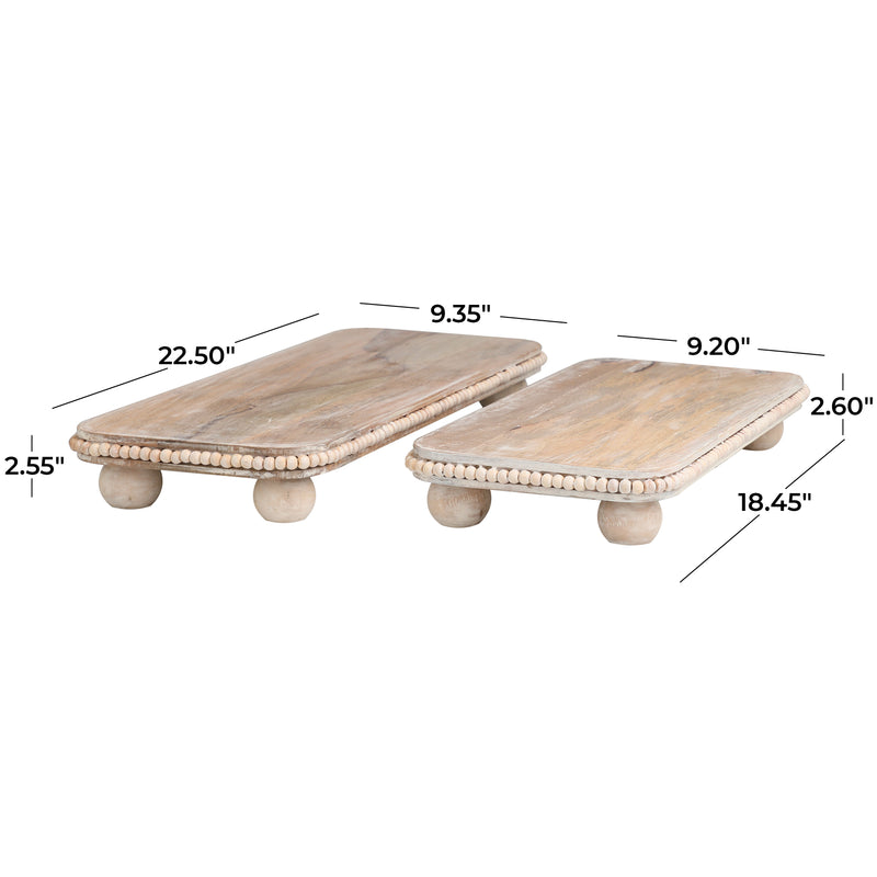 Light Brown Mango Wood Beaded Tray with Large Round Feet (Set of 2)
