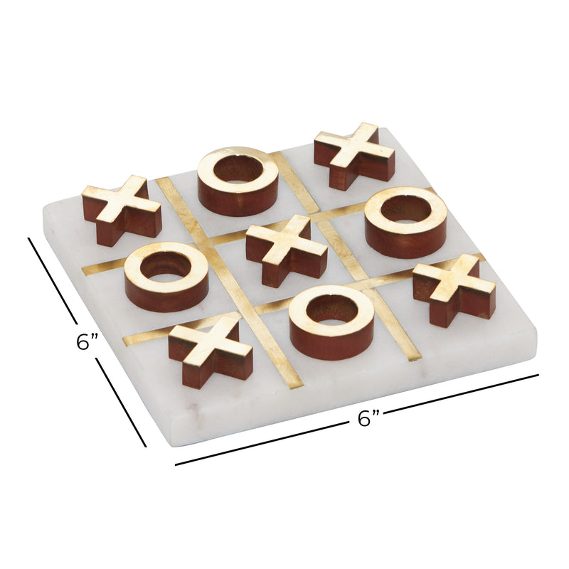 White Marble Tic Tac Toe Game Set with Gold Inlay and Wood Pieces