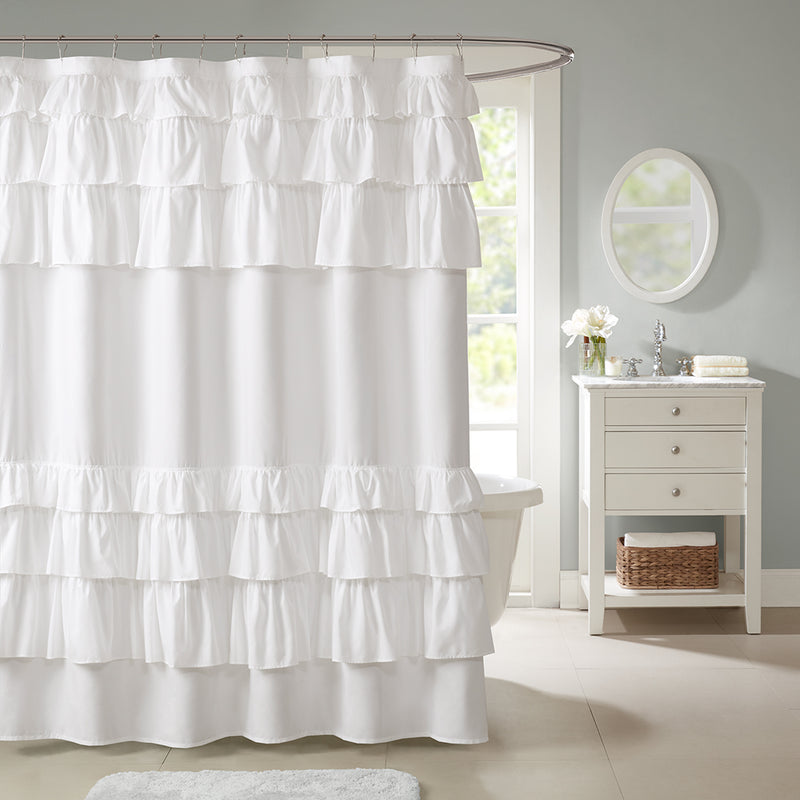 72" White Ruffled Shower Curtain