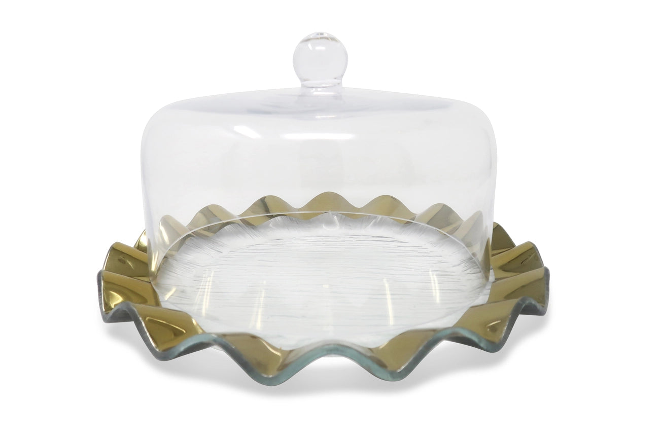 Glass Cake Platter with Scalloped Border and Glass Dome (2 Colors)