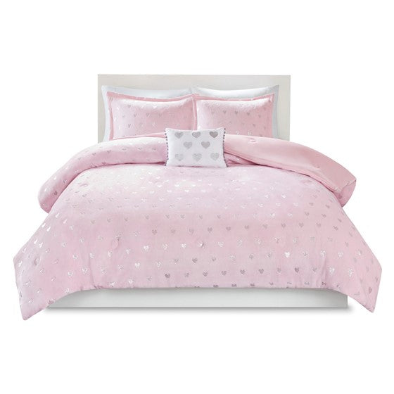 Kids Pink & Silver Metallic Printed Plush Comforter Set (2 Sizes)