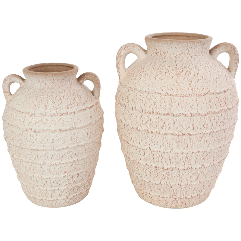 Cream Ceramic Textured Vase with Handles and Terracotta Accents ( Set of 2 )