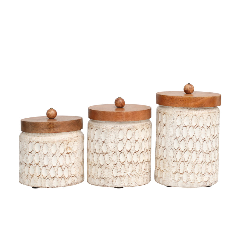 Handmade Carved Spotted Geometric Canisters with Brown Removable Lids ( Set of 3 )