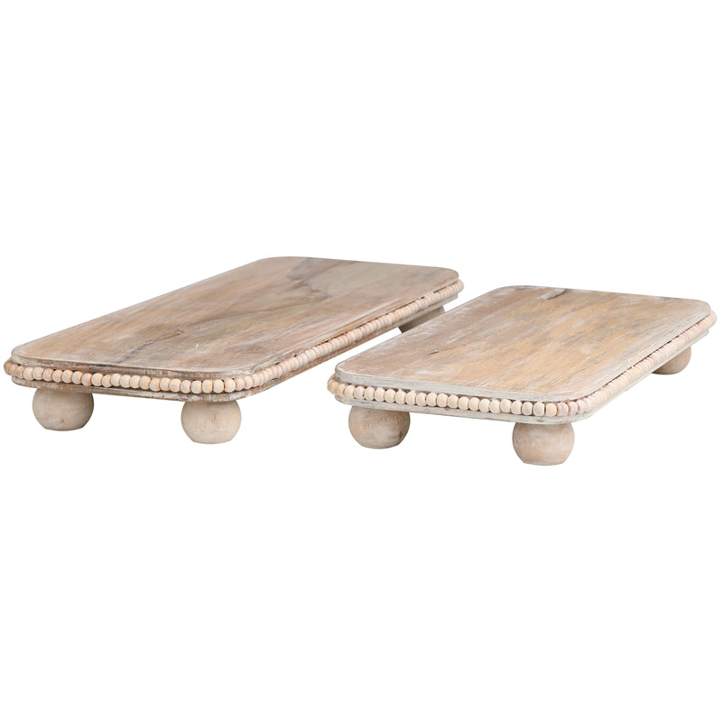 Light Brown Mango Wood Beaded Tray with Large Round Feet (Set of 2)
