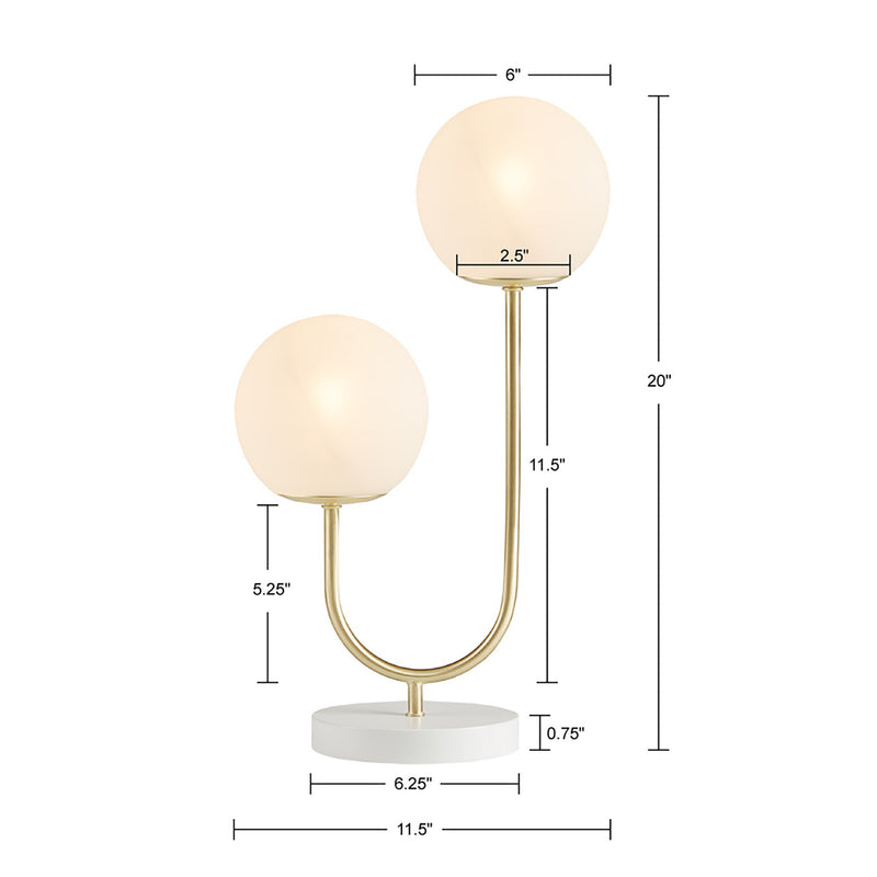 Gold Metal 2-Light Table Lamp with White Frosted Globes