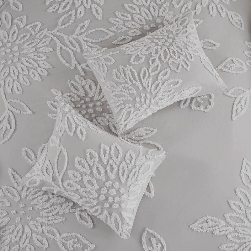 3 Piece Grey & White Tufted Cotton Chenille Floral Duvet Cover Set (2 Sizes)