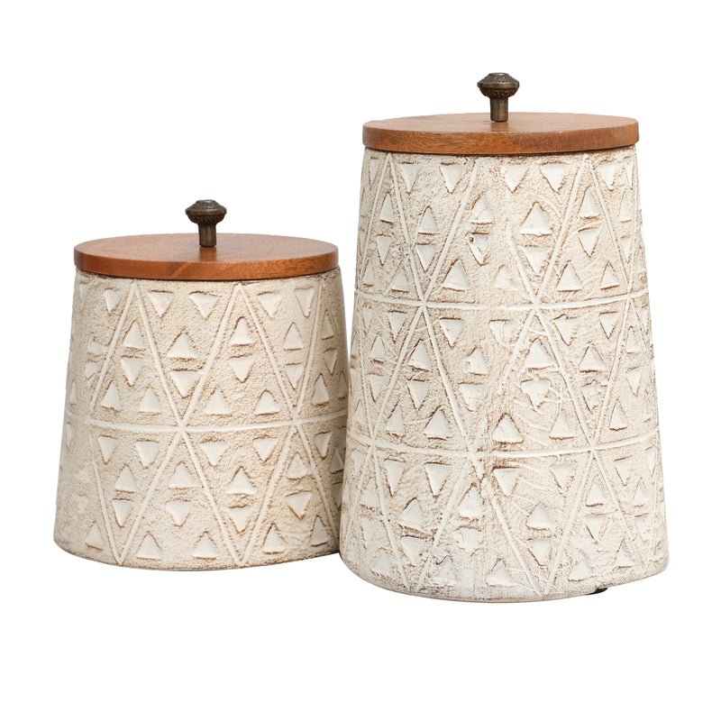 Cream Paper Mache Handmade Carved Triangle Tribal Canisters with Brown Removable Lids and Antique Knobs( Set of 2 )