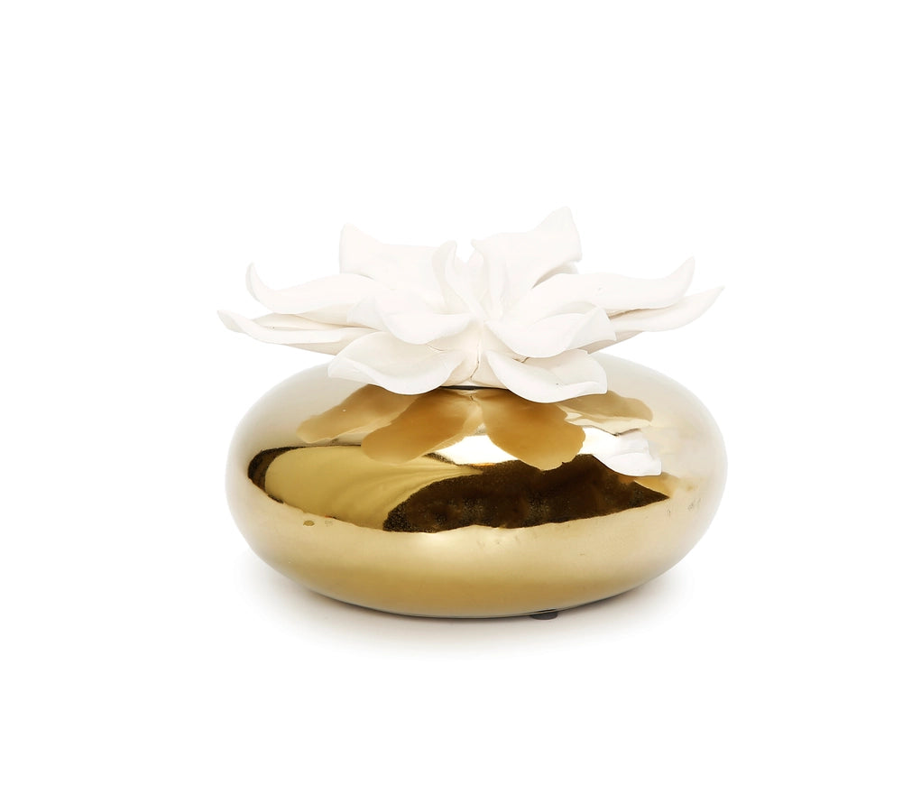 Gold Circular Diffuser with Dimensional White Flower/Iris and Rose Aroma