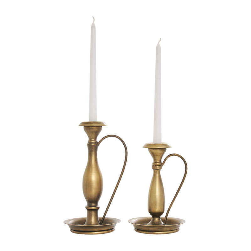 Set of 2 Bronze Metal Antique Style Candle Holder with Candle Plates and Handles