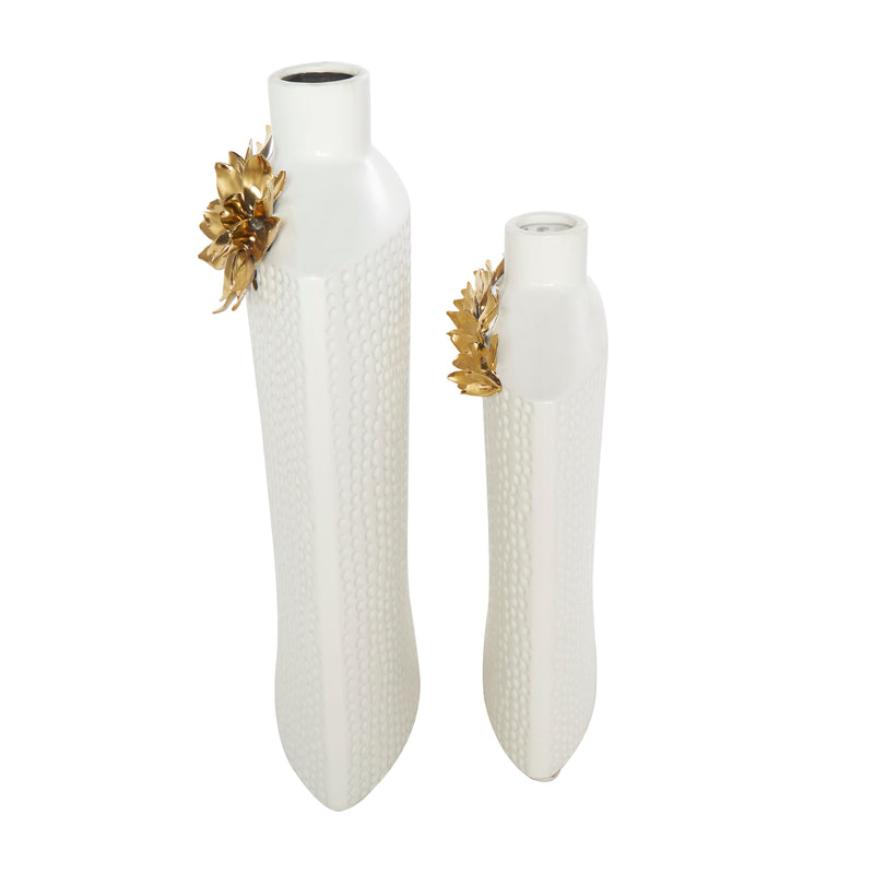 White Ceramic  Vase with Abstract Spotted Pattern and Gold Leaf Accents (Set of 2)