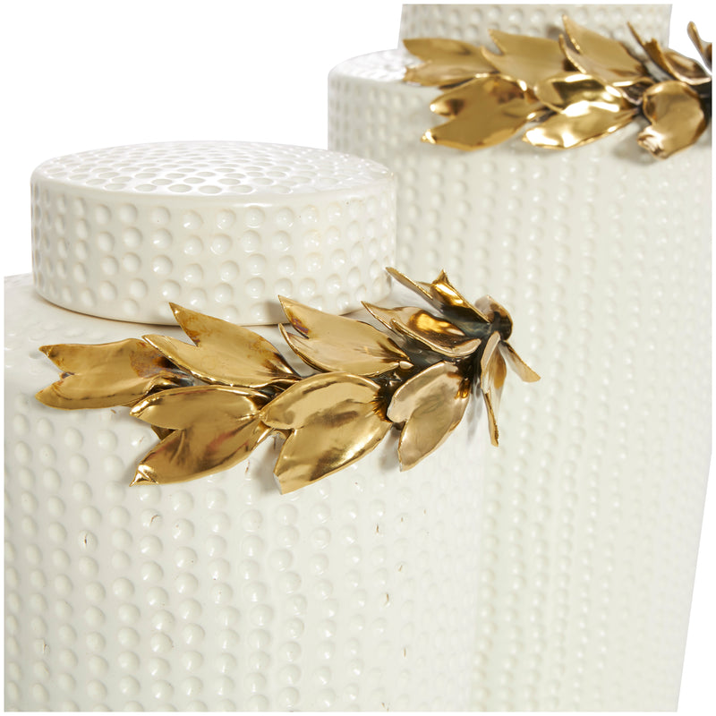 White Ceramic  Decorative Jars with Abstract Spotted Pattern and Gold Leaf Accents (Set of 2)