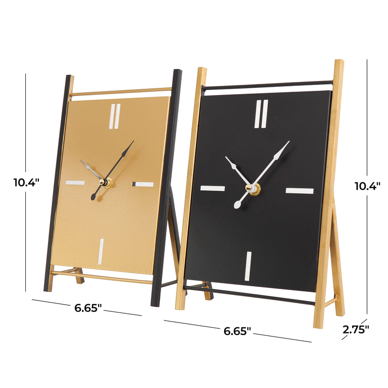 Black Metal  Rectangular Angled Clock with Gold Accents and Cutout Tick Hour Markers (Set of 2)