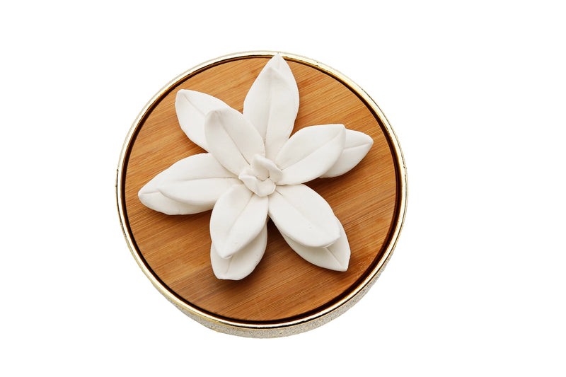Gold Round Diffuser with Wood Grain Lid and White Flower/Lily of the Valley Aroma
