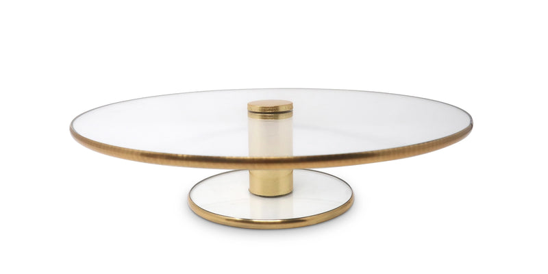 Round Glass Cake Plate on Pedestal with Gold Trim