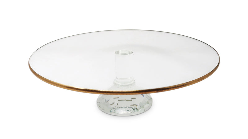 Round Glass Cake Plate with Gold Rim on Glass Textured Pedestal