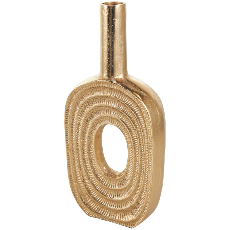 Gold Aluminum Metal Geometric Circular Vase with Linear Etchings