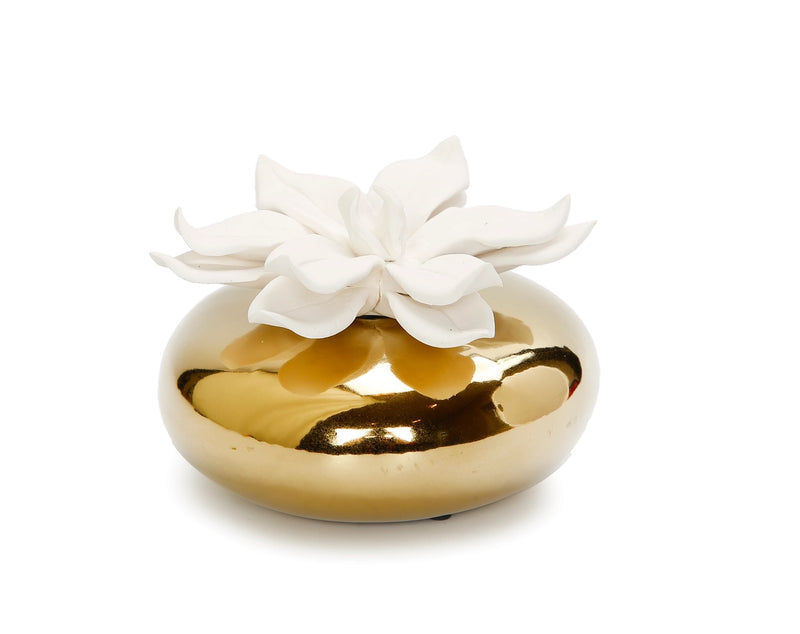 Gold Circular Diffuser with Dimensional White Flower/Iris and Rose Aroma