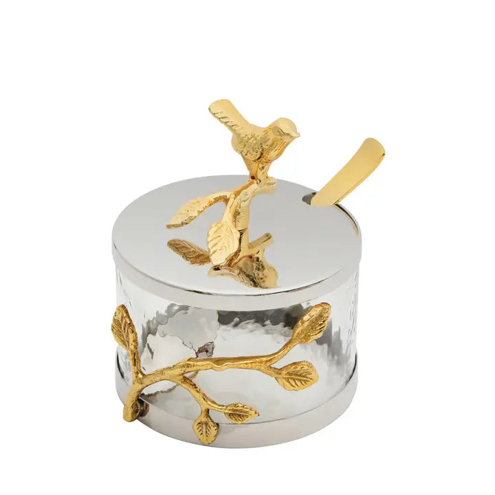Gold & Silver Bird Design Jar with Spoon