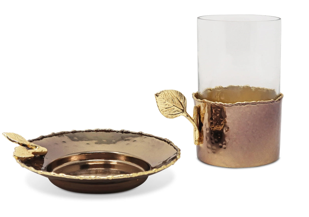 Glass Cup and Metal Saucer with Gold Leaf Flower Design