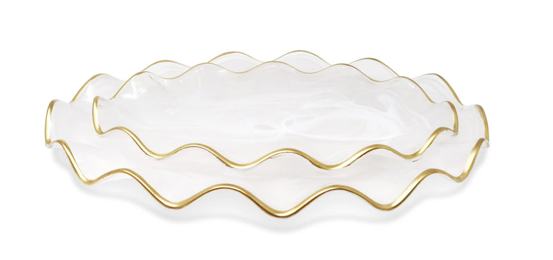White Alabaster Oval Tray with Gold Ruffled Border (2 Sizes)