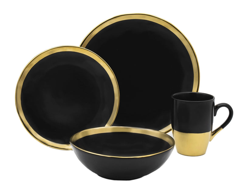 Set of 4 Black and Gold Dinnerware