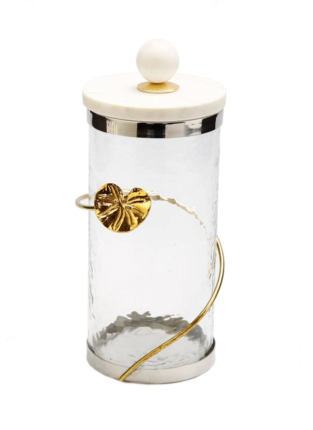 Large Glass Canister with Silver & Gold Leaf Design & Marble Lid with Metal Lotus Flower Details