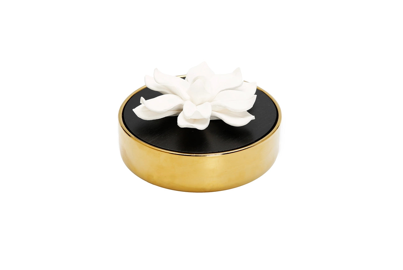 Gold Round Diffuser Black Lid and White Flower/Iris and Rose Aroma