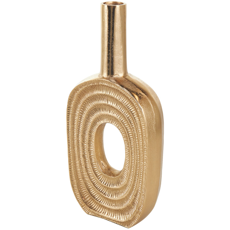 Gold Aluminum Metal Geometric Circular Vase with Linear Etchings