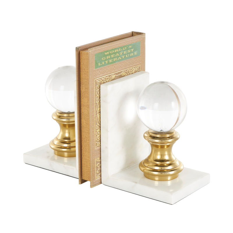 White Marble  Bookends with Glass Orbs and Gold Accents, Set of 2