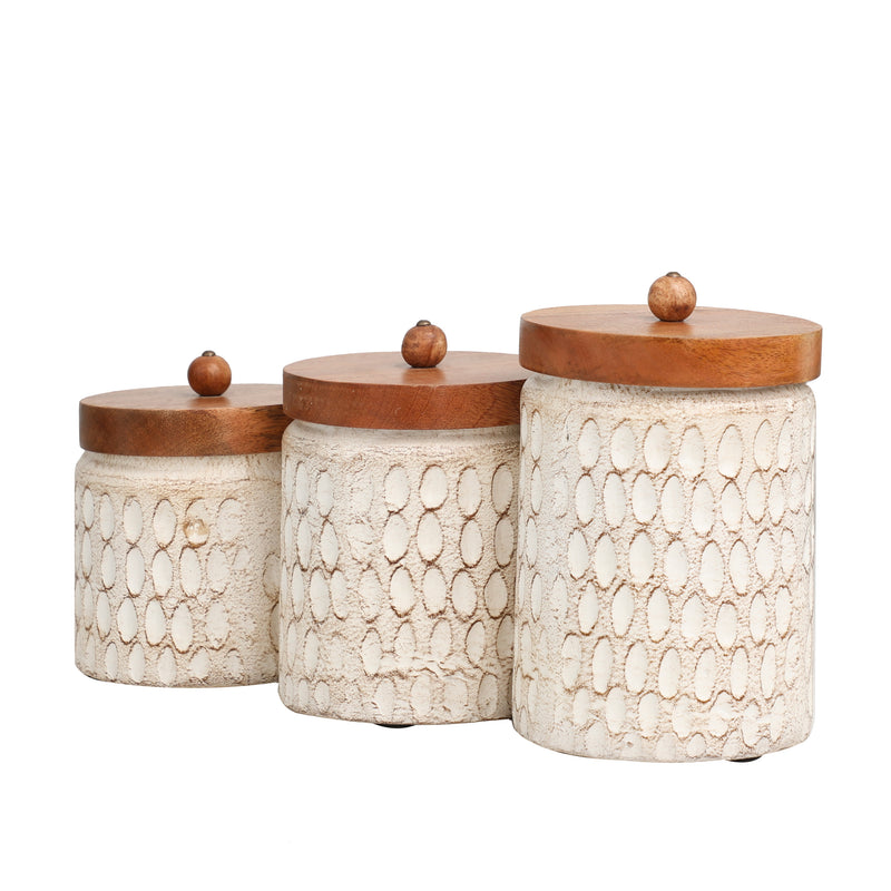 Handmade Carved Spotted Geometric Canisters with Brown Removable Lids ( Set of 3 )