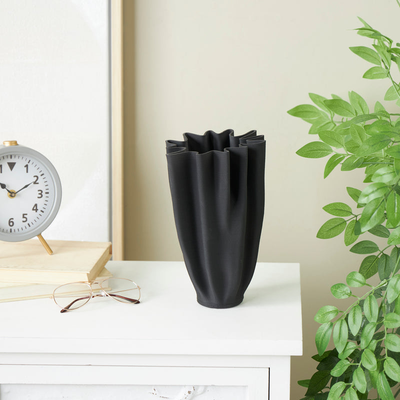Modern Black Ceramic Abstract Dimensional Ribbed Tulip Vase with Angular Rim