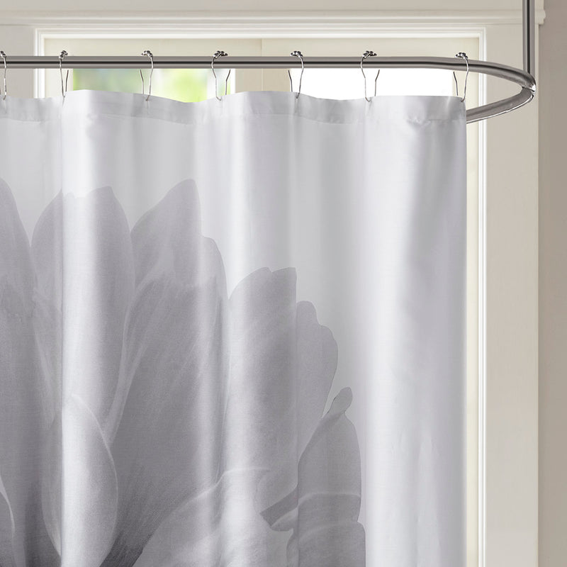 72" White & Grey Floral Printed Cotton Shower Curtain