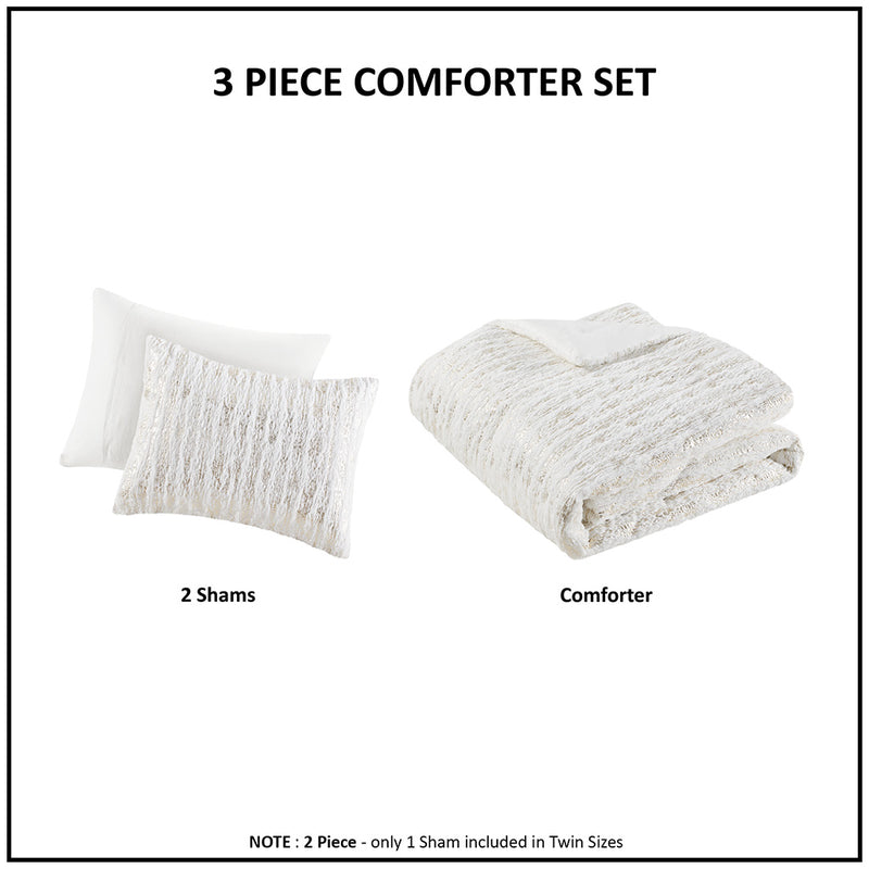 White & Gold Metallic Print Faux Fur Comforter Set (3 Sizes)