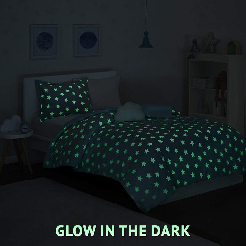 Kids Aqua Plush Comforter Set with Glow In The Dark Stars (2 Sizes)