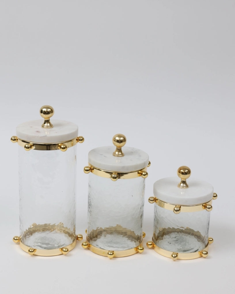 Hammered Glass Canister w/ Gold Ball Design and Marble Cover (3 Sizes)