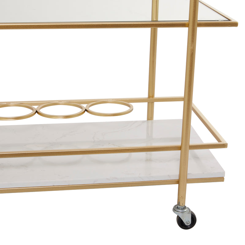 Gold Marble Rolling 1 Glass and 2 Marble Shelves Bar Cart with Handles