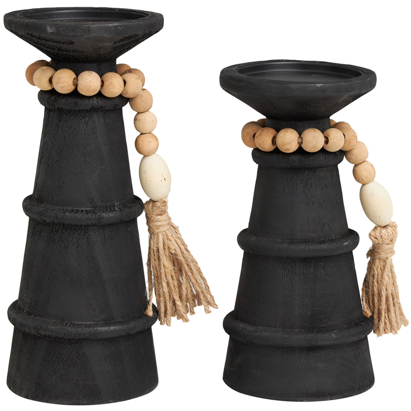Black Wood Handmade Textured Matte Candle Holder with Bead Garland ( Set of 2 )