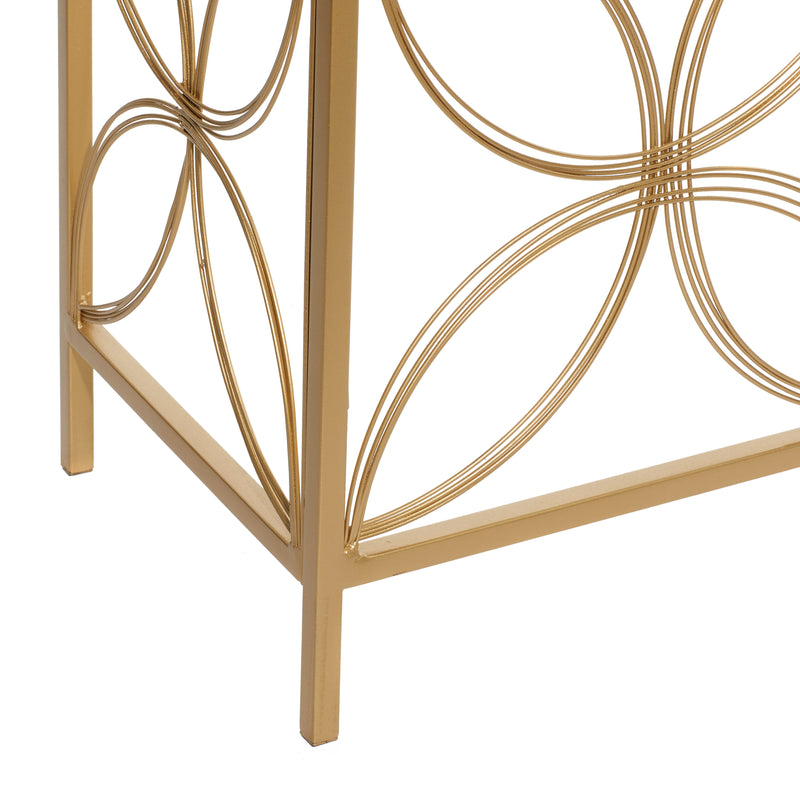 Gold Metal Geometric Open Style Quatrefoil Frame Console Table with Glass Top