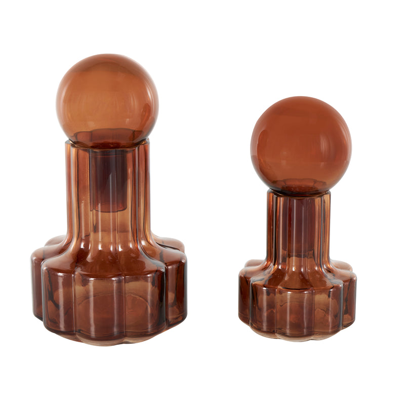 Brown Glass Abstract  Decorative Jars with Round Orb Tops (Set of 2)