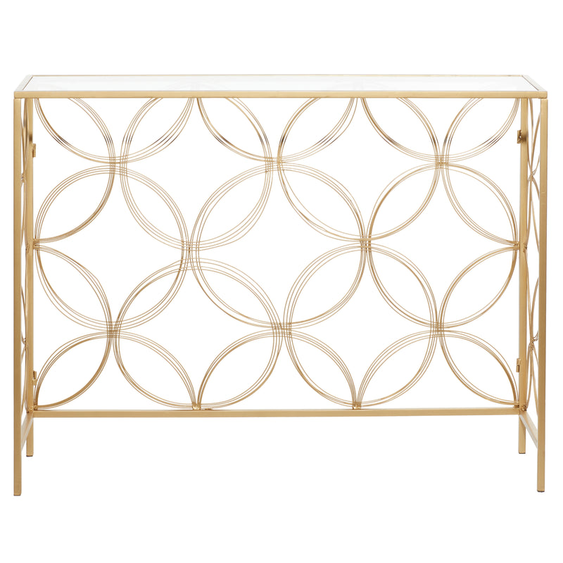 Gold Metal Geometric Open Style Quatrefoil Frame Console Table with Glass Top