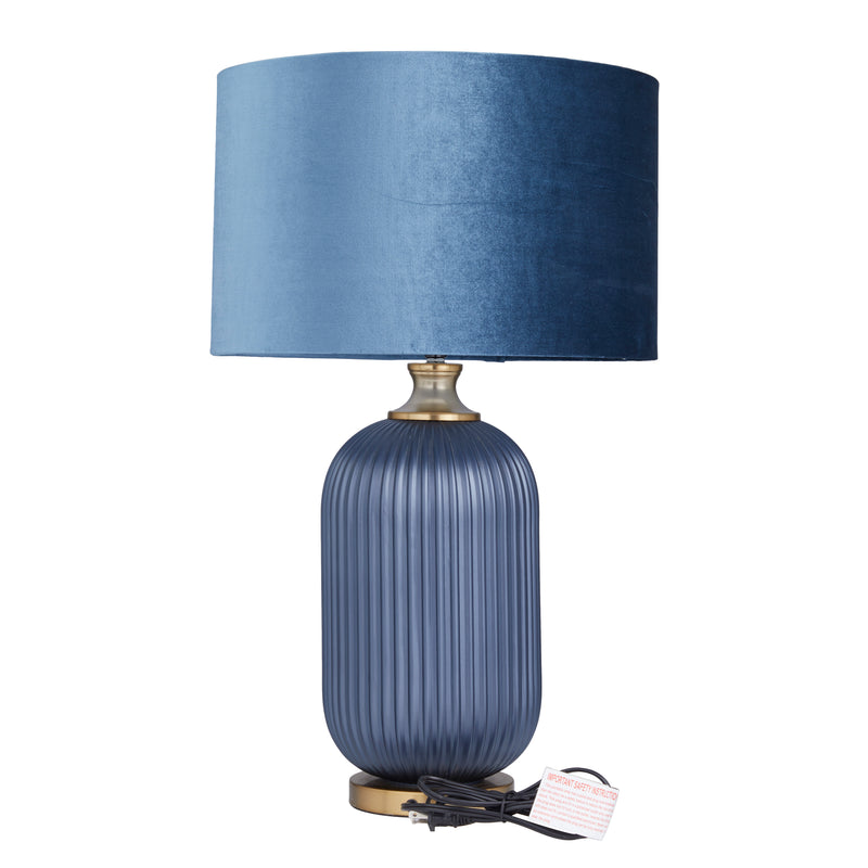Blue Glass Ribbed Table Lamp with Velvet Shade and Gold Accents