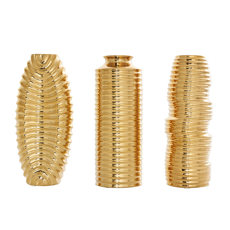 Ceramic  Dimensional Ribbed Vase with Varying Shapes (Set of 3)