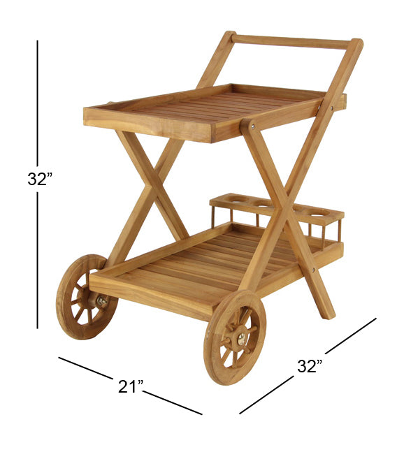 Teak Wood  Indoor Outdoor Rolling 2 Shelves Bar Cart with Wheels and Handle