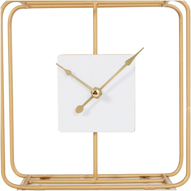 Gold Metal Geometric Open Frame Clock with White Clockface and Base