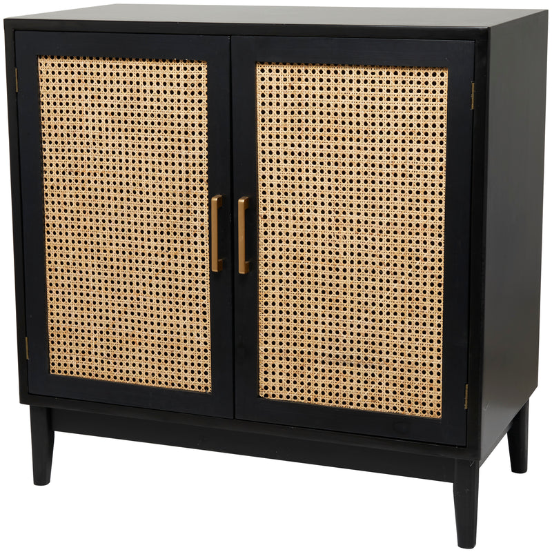 Black Wood Cabinet with Cane Front Doors and Gold Handles
