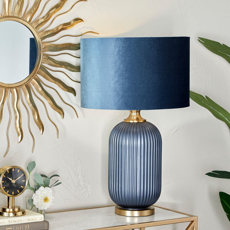 Blue Glass Ribbed Table Lamp with Velvet Shade and Gold Accents