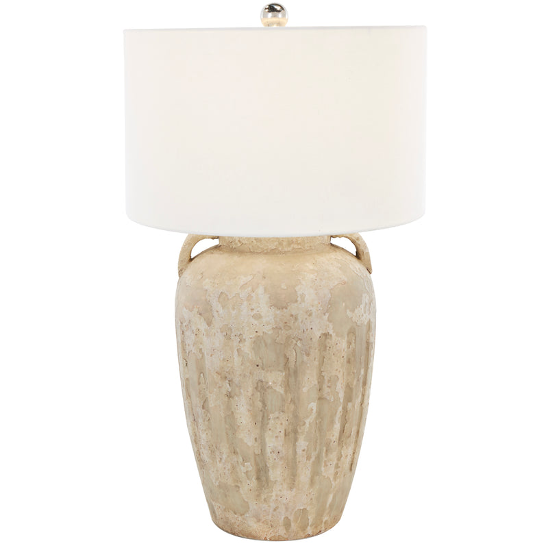 Cream Ceramic  Distressed Antique Style Pot Vase Table Lamp with Cream Linen Shade and Textured Grooves